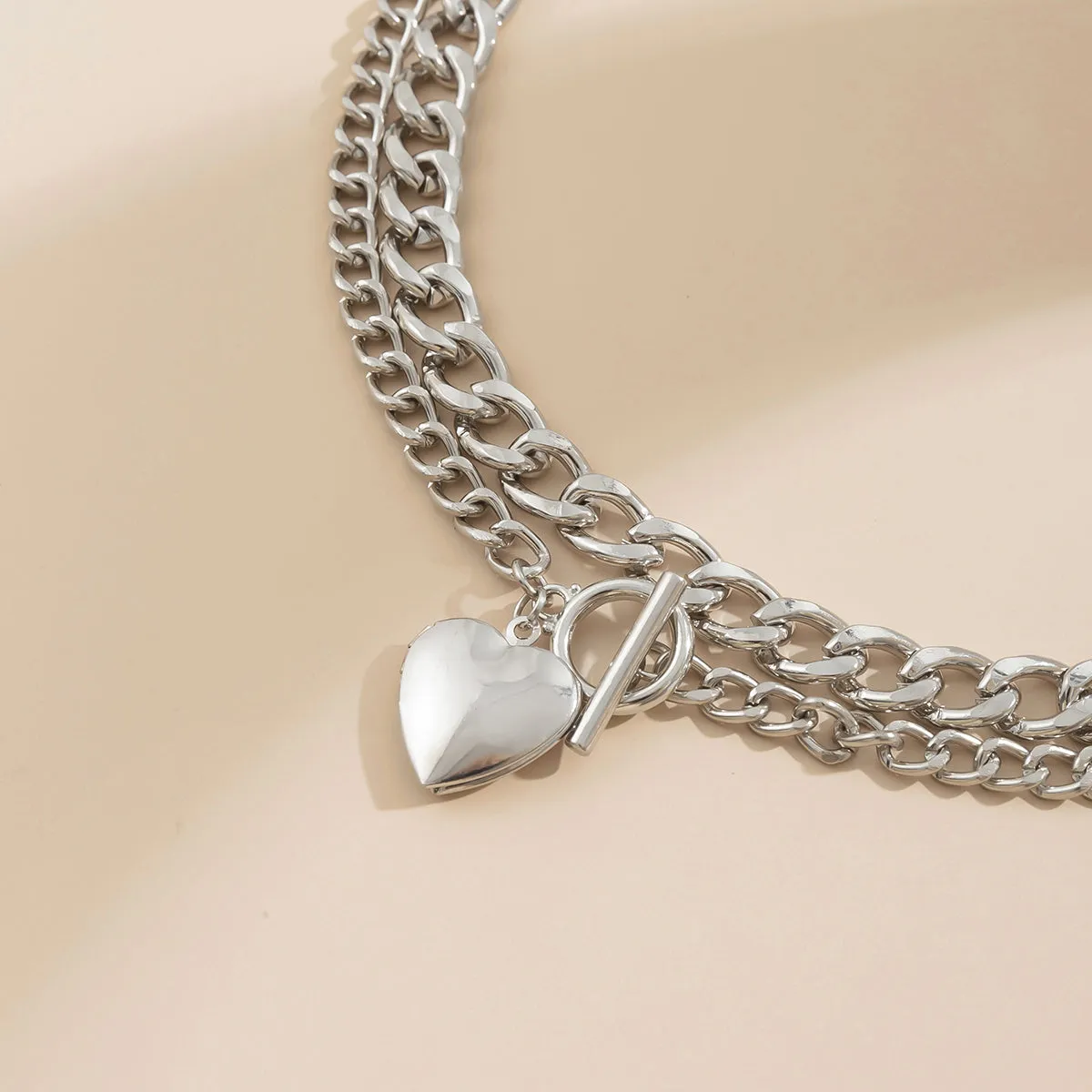Silver-Plated Heart Locket Lariat Necklace Set