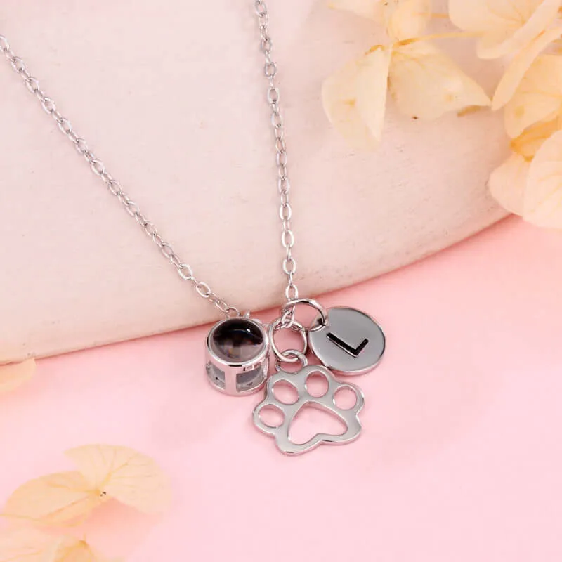 Silver Puppy Paw Customizable Letter Necklace with Picture Inside