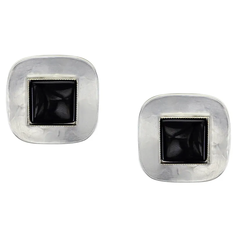 Silver Rounded Square with Square Gemstone Clip or Post Earring