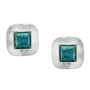 Silver Rounded Square with Square Gemstone Clip or Post Earring