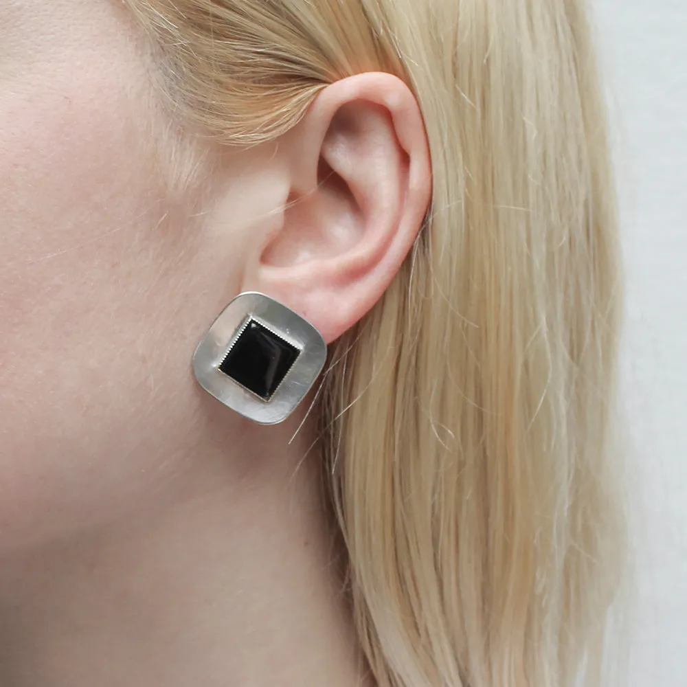 Silver Rounded Square with Square Gemstone Clip or Post Earring