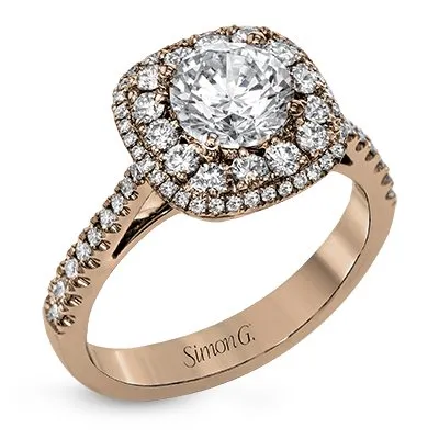 Simon G. Double Cushion Shaped Halo Diamond Engagement Ring