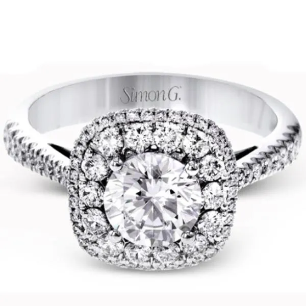Simon G. Double Cushion Shaped Halo Diamond Engagement Ring
