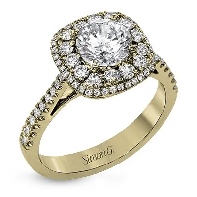Simon G. Double Cushion Shaped Halo Diamond Engagement Ring