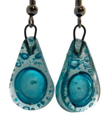 Small Aqua turquoise teardrop recycled Glass Earrings. Blue Fused Glass Earrings