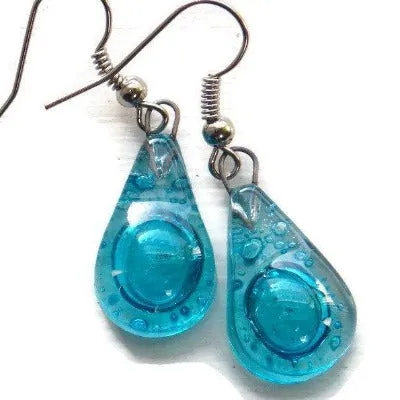 Small Aqua turquoise teardrop recycled Glass Earrings. Blue Fused Glass Earrings