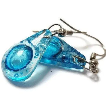 Small Aqua turquoise teardrop recycled Glass Earrings. Blue Fused Glass Earrings