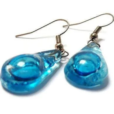 Small Aqua turquoise teardrop recycled Glass Earrings. Blue Fused Glass Earrings