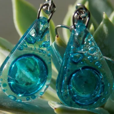 Small Aqua turquoise teardrop recycled Glass Earrings. Blue Fused Glass Earrings