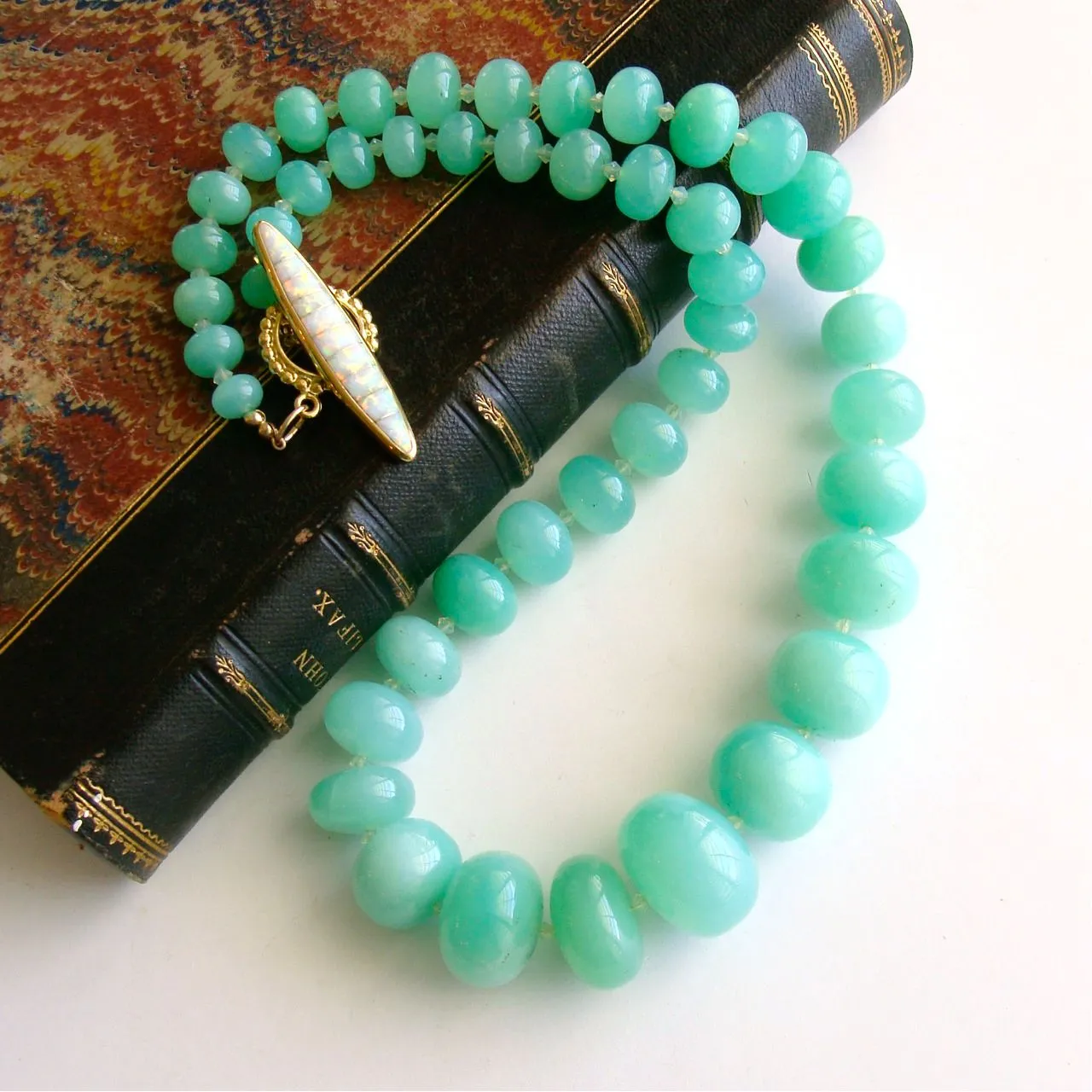 Smooth Chrysoprase Matinee Necklace Inlay Opal Toggle - Courtney Necklace