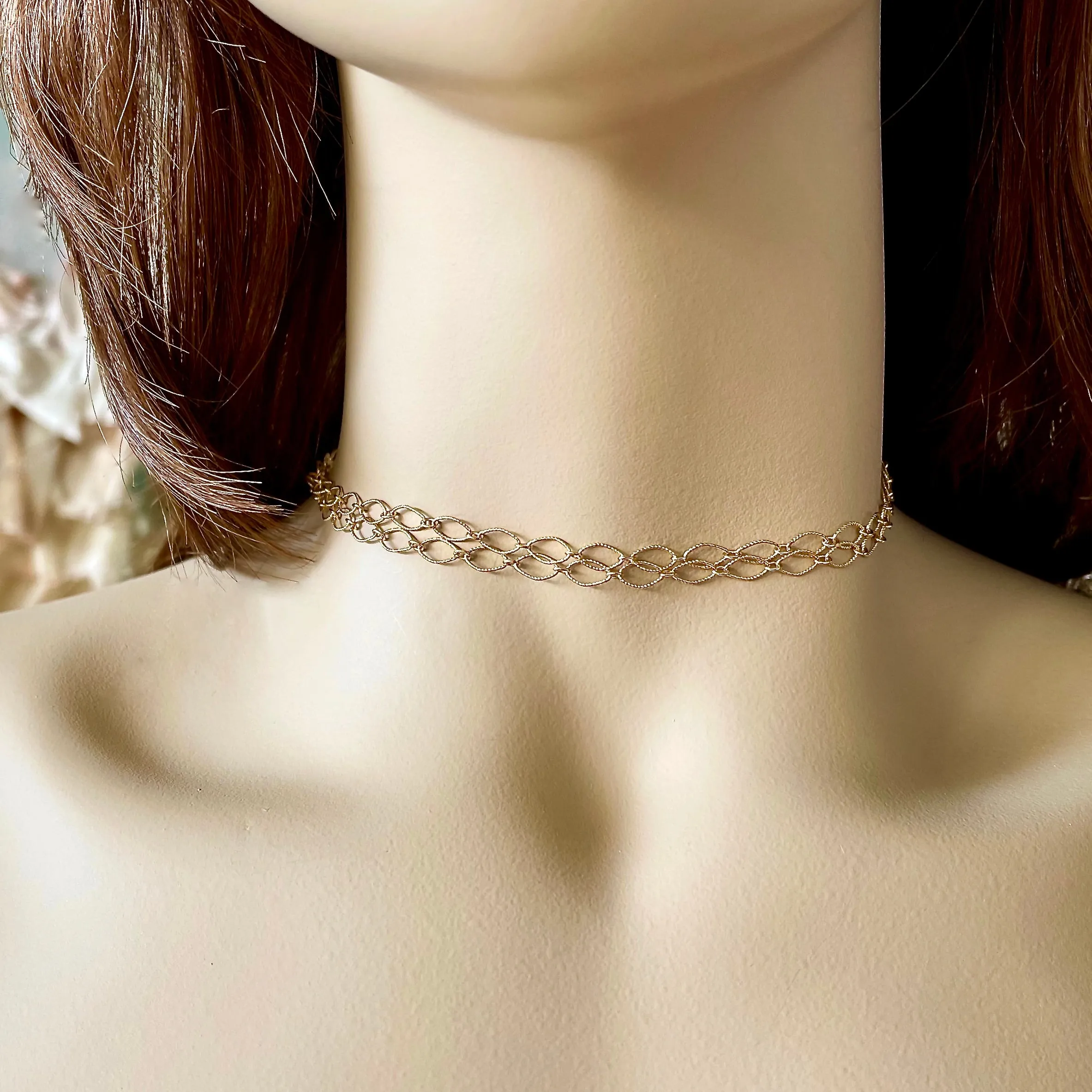 Sparkly Diamond-Cut 14K Gold Filled Marquise Link Adjustable Choker Necklace