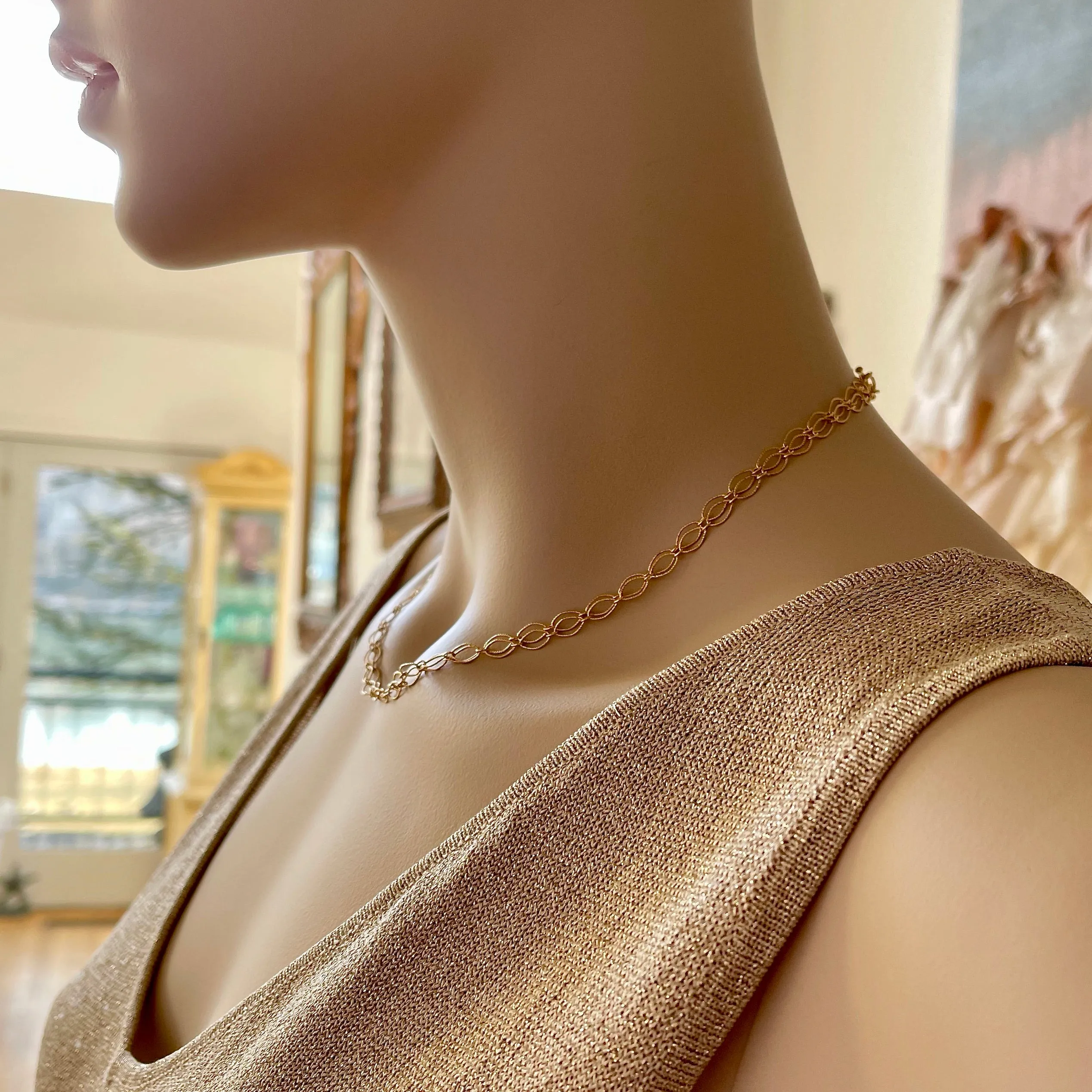 Sparkly Diamond-Cut 14K Gold Filled Marquise Link Adjustable Choker Necklace