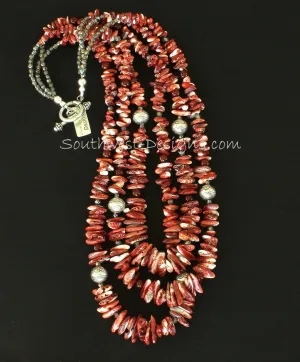 Spiny Oyster Shell Long Chip 3-Strand Necklace with Carnelian Rounds, Fire Polished Glass, and Sterling Silver Beads and Toggle Clasp