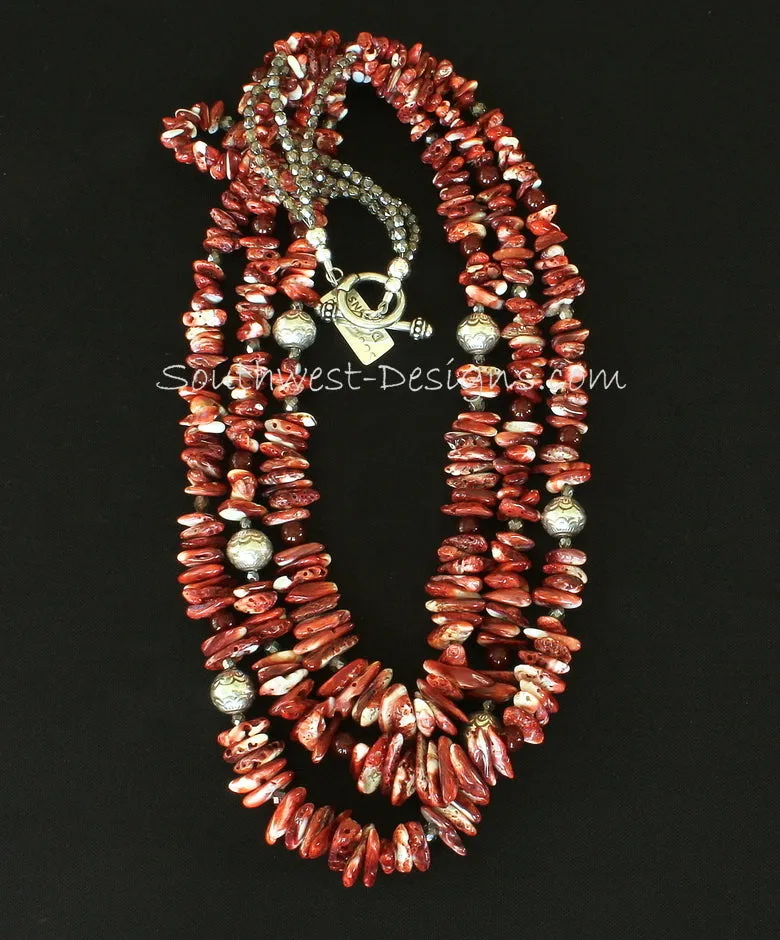 Spiny Oyster Shell Long Chip 3-Strand Necklace with Carnelian Rounds, Fire Polished Glass, and Sterling Silver Beads and Toggle Clasp