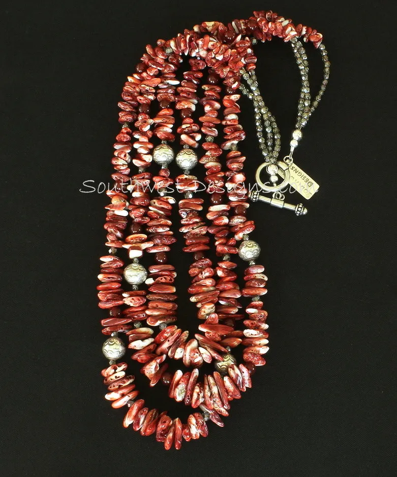 Spiny Oyster Shell Long Chip 3-Strand Necklace with Carnelian Rounds, Fire Polished Glass, and Sterling Silver Beads and Toggle Clasp