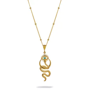 Spiritual Snake & Evil Eye Design Unique Gold Necklace