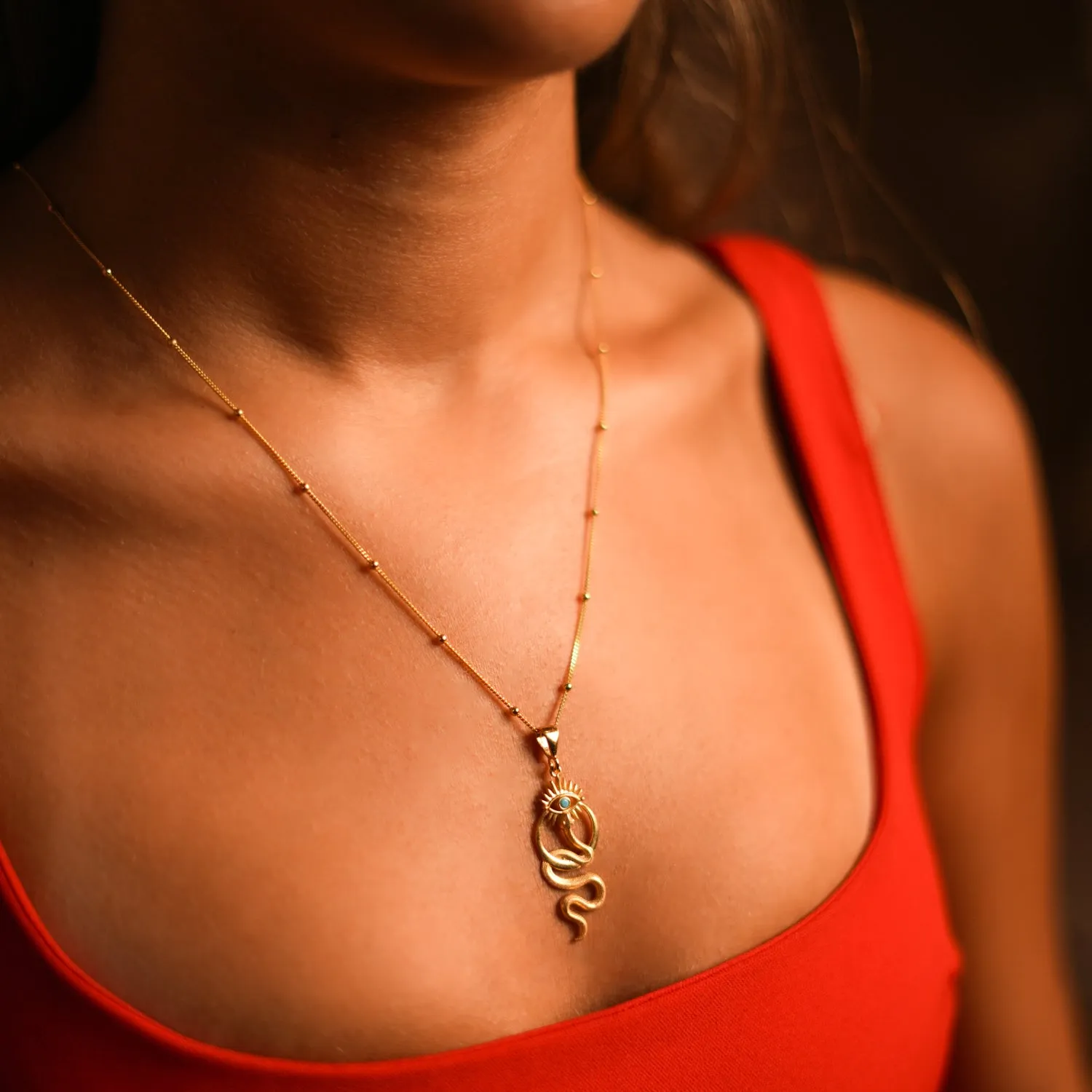 Spiritual Snake & Evil Eye Design Unique Gold Necklace