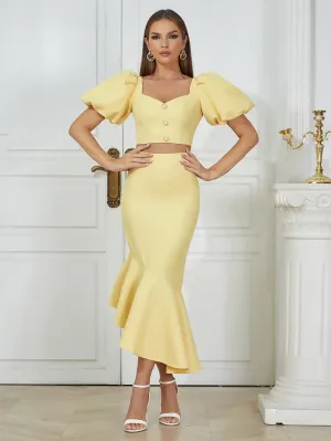 Square Collar Short Sleeve Ruffle Midi Bodycon Set HB03030