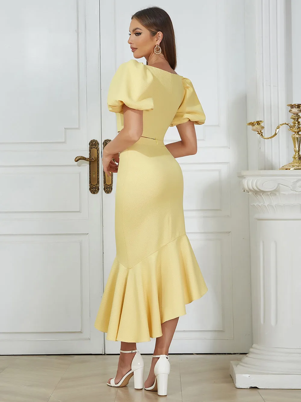 Square Collar Short Sleeve Ruffle Midi Bodycon Set HB03030