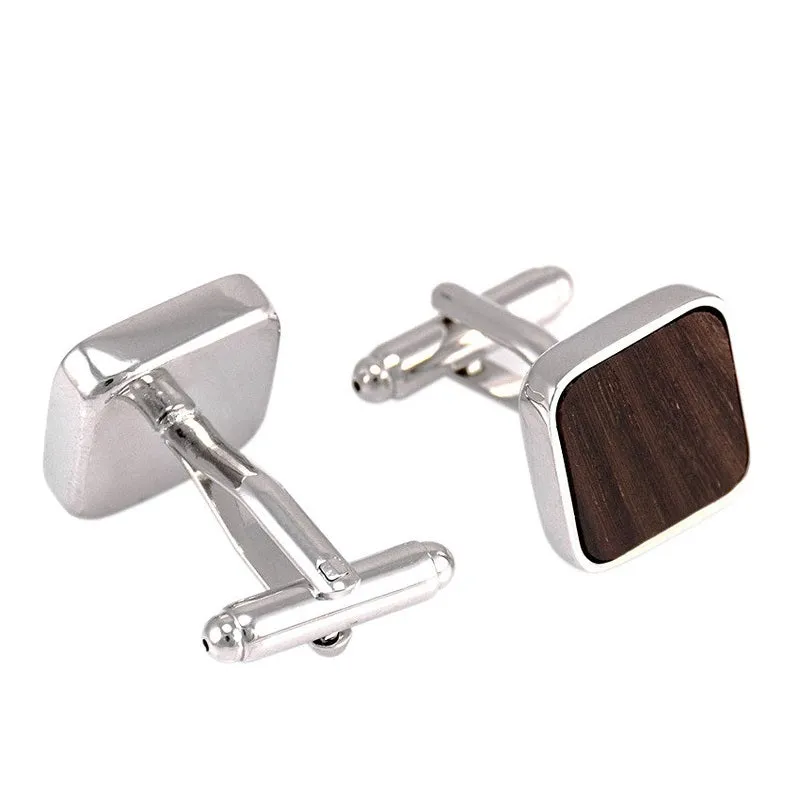 Square Wood Inlaid Silver Cuff Links