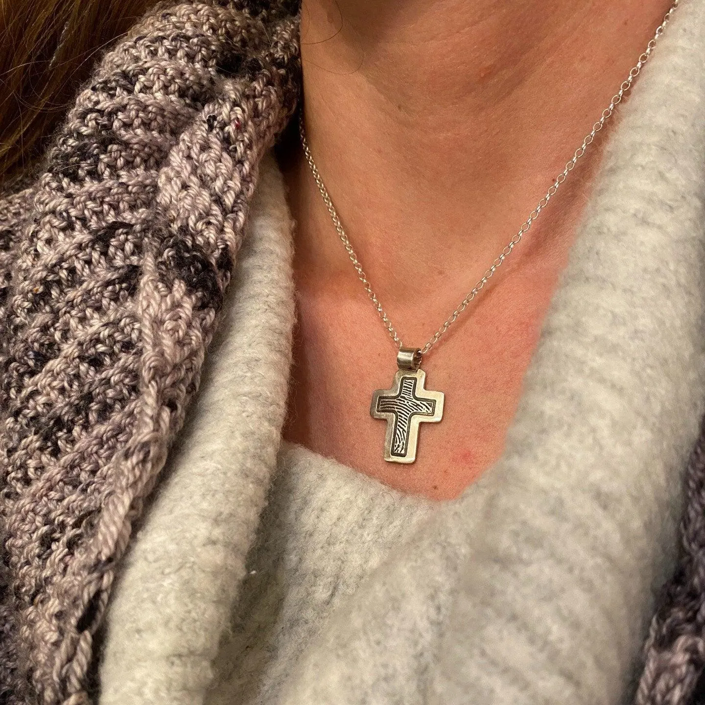 Sterling Silver Cross Shape Fingerprint Necklace