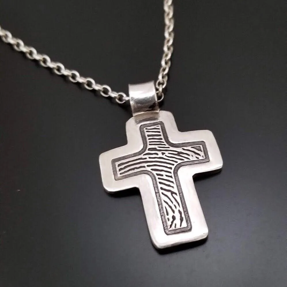 Sterling Silver Cross Shape Fingerprint Necklace