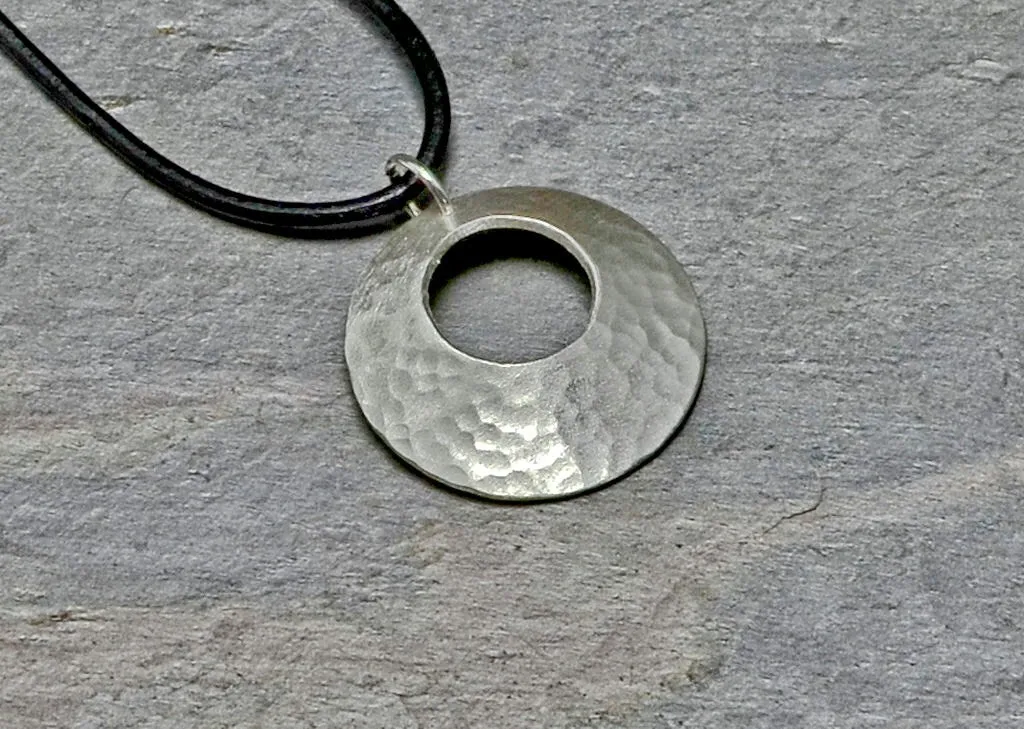 Sterling Silver Disc Necklace Handmade with Cutout and Hammered Patterning