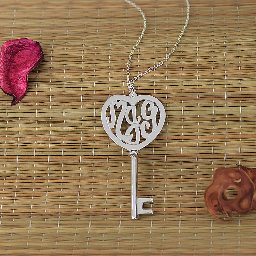 Sterling Silver Heart Monogram Key Necklace