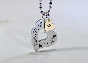 Sterling silver heart necklace with personalized latitude longitude coordinates with Bronze Heart Charm