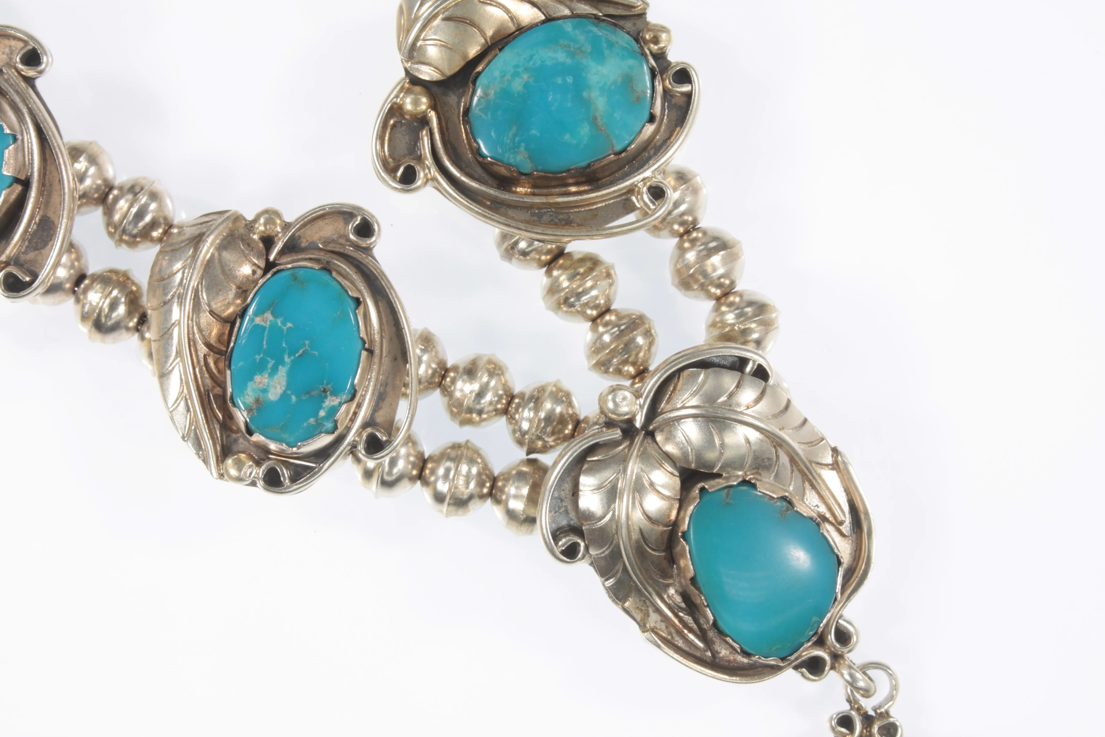 Sterling Silver Navajo Turquoise Necklace With Leaf Details 18" 79.8g