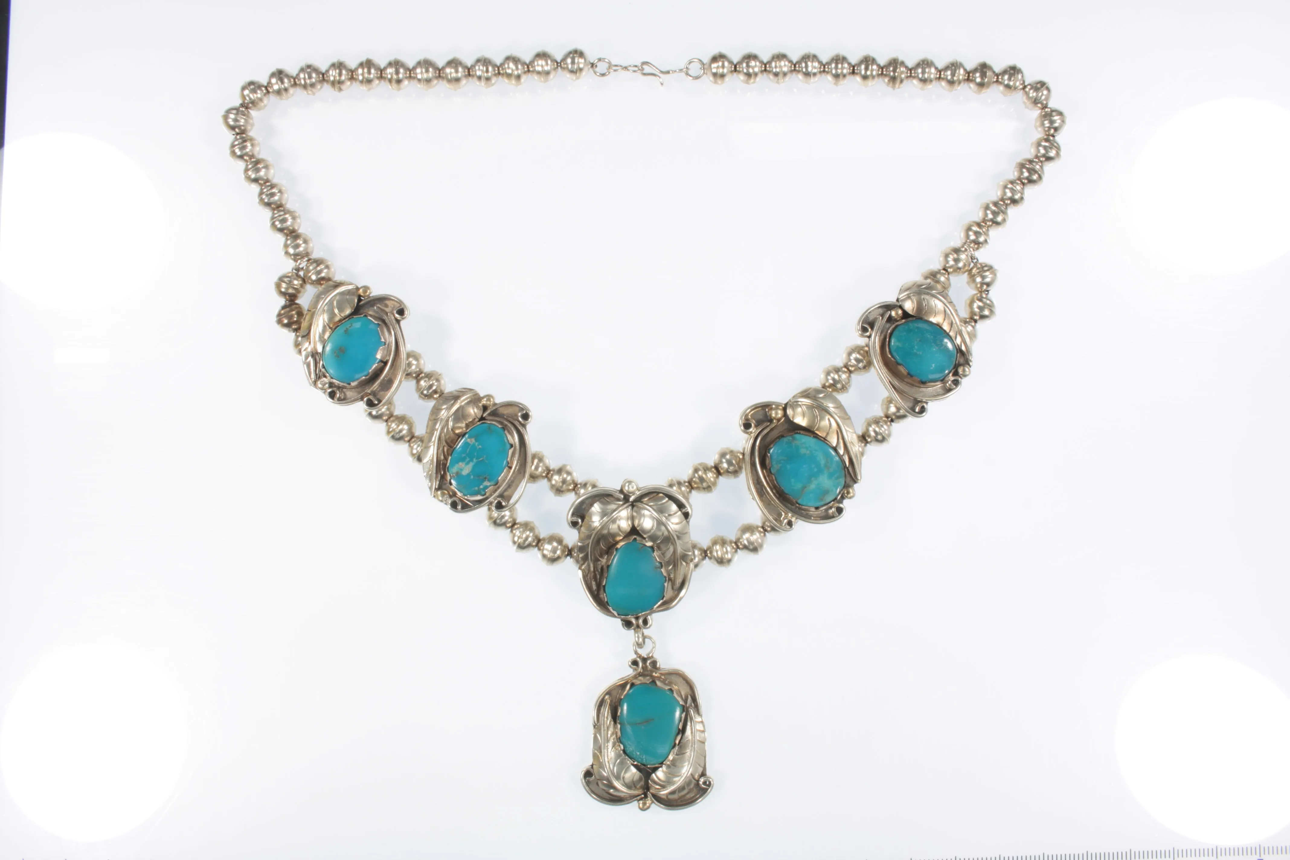 Sterling Silver Navajo Turquoise Necklace With Leaf Details 18" 79.8g