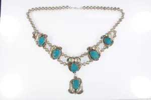 Sterling Silver Navajo Turquoise Necklace With Leaf Details 18" 79.8g