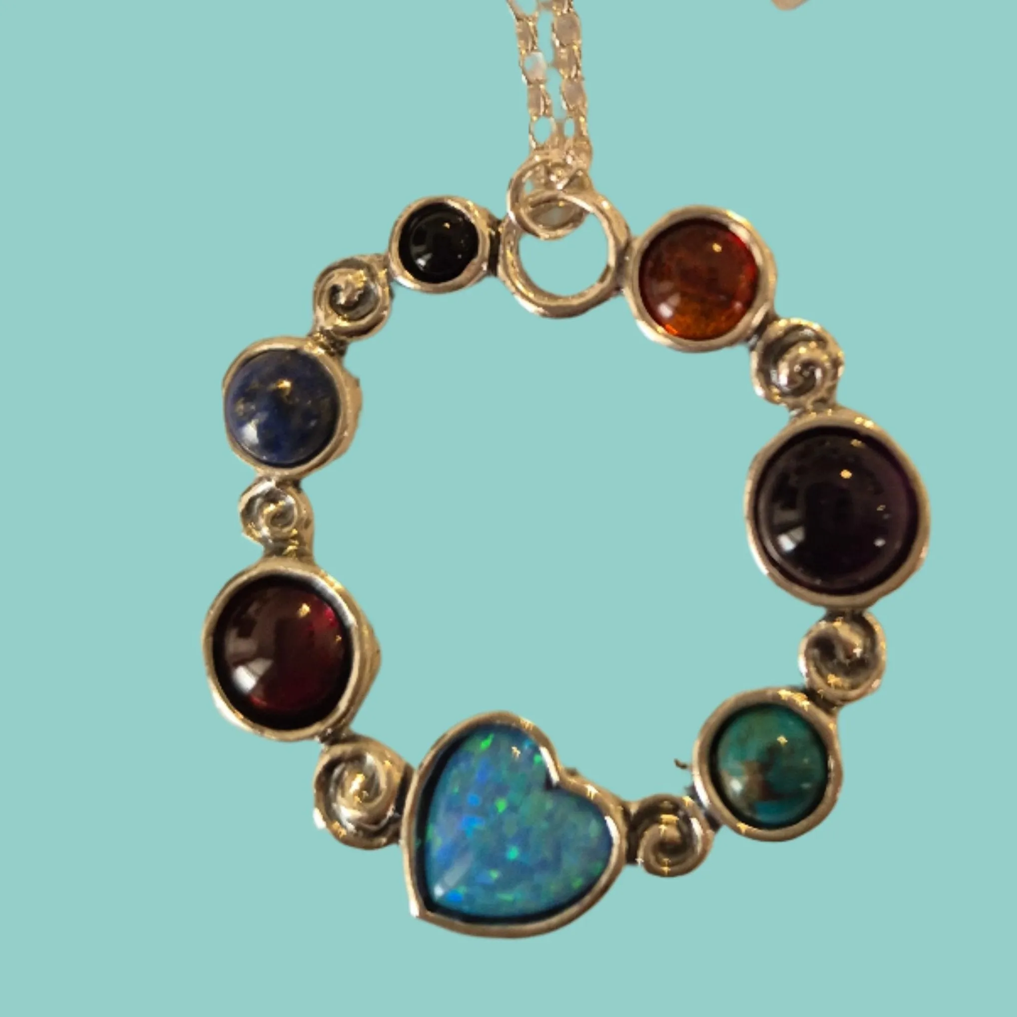 Sterling Silver necklace Blue Opal and Gemstones Pendant Hippie Jewelry