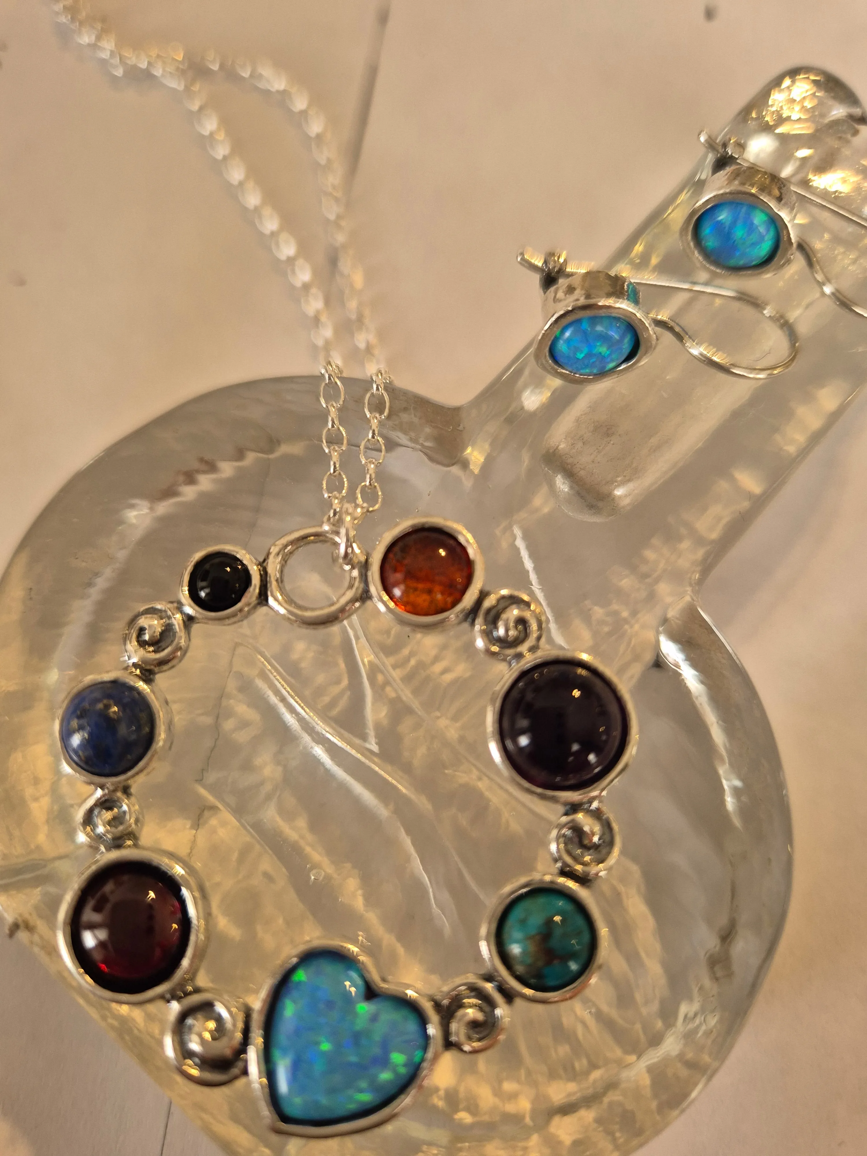 Sterling Silver necklace Blue Opal and Gemstones Pendant Hippie Jewelry