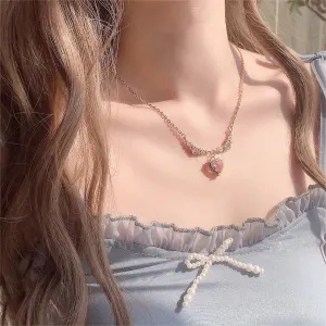 Sweet Pink Crystal Heart Pendant CZ Inlaid Necklace