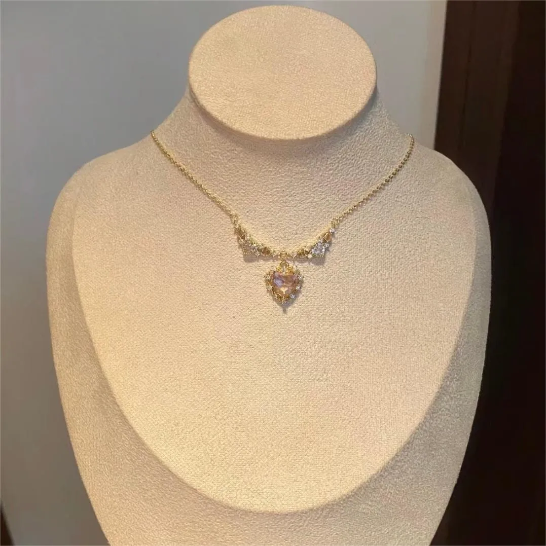 Sweet Pink Crystal Heart Pendant CZ Inlaid Necklace