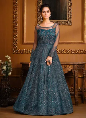 Teal Blue Heavy Embroidered High Slit Style Designer Suit