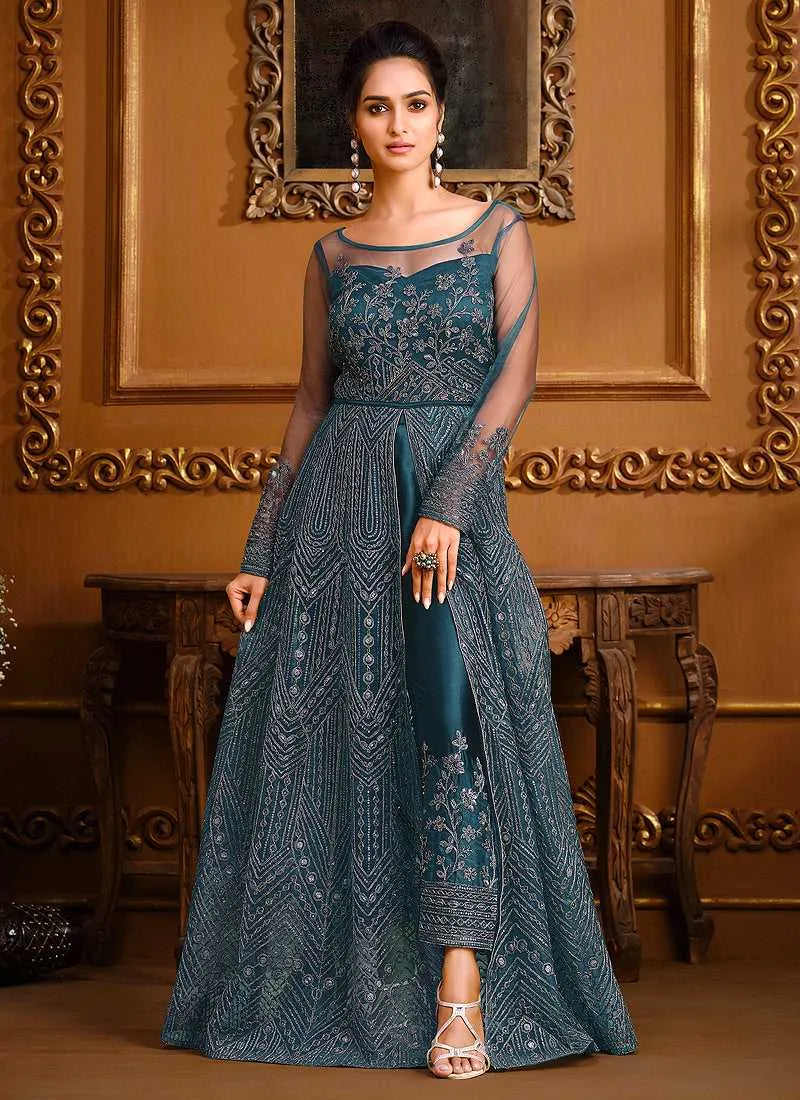 Teal Blue Heavy Embroidered High Slit Style Designer Suit