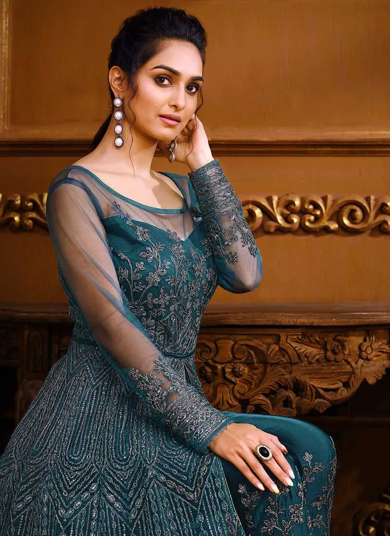 Teal Blue Heavy Embroidered High Slit Style Designer Suit
