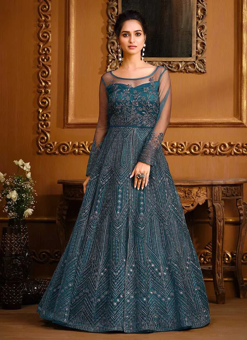 Teal Blue Heavy Embroidered High Slit Style Designer Suit