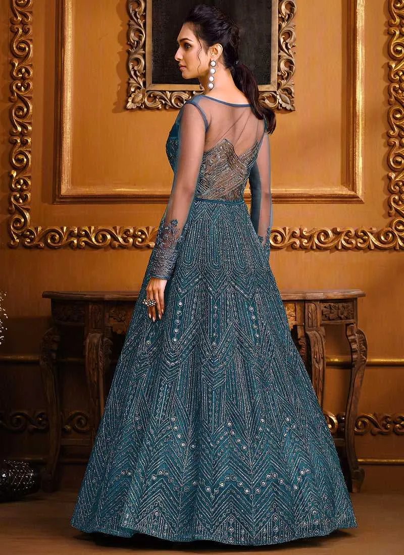 Teal Blue Heavy Embroidered High Slit Style Designer Suit