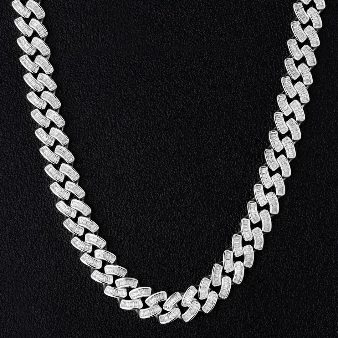 The Prince's Pride® - 12mm Baguette CZ Cuban Link Chain White Gold Plated