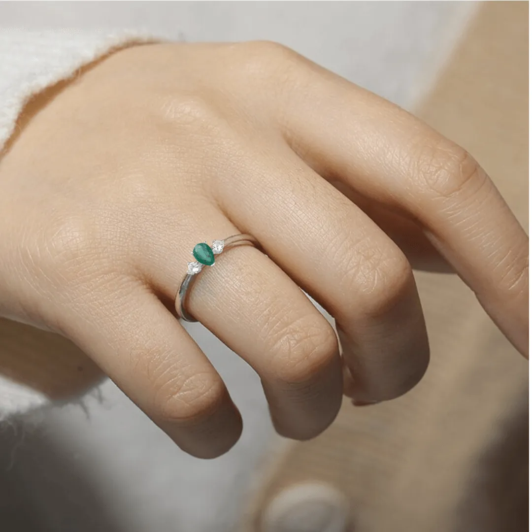 Three Stone Emerald Teardrop Ring