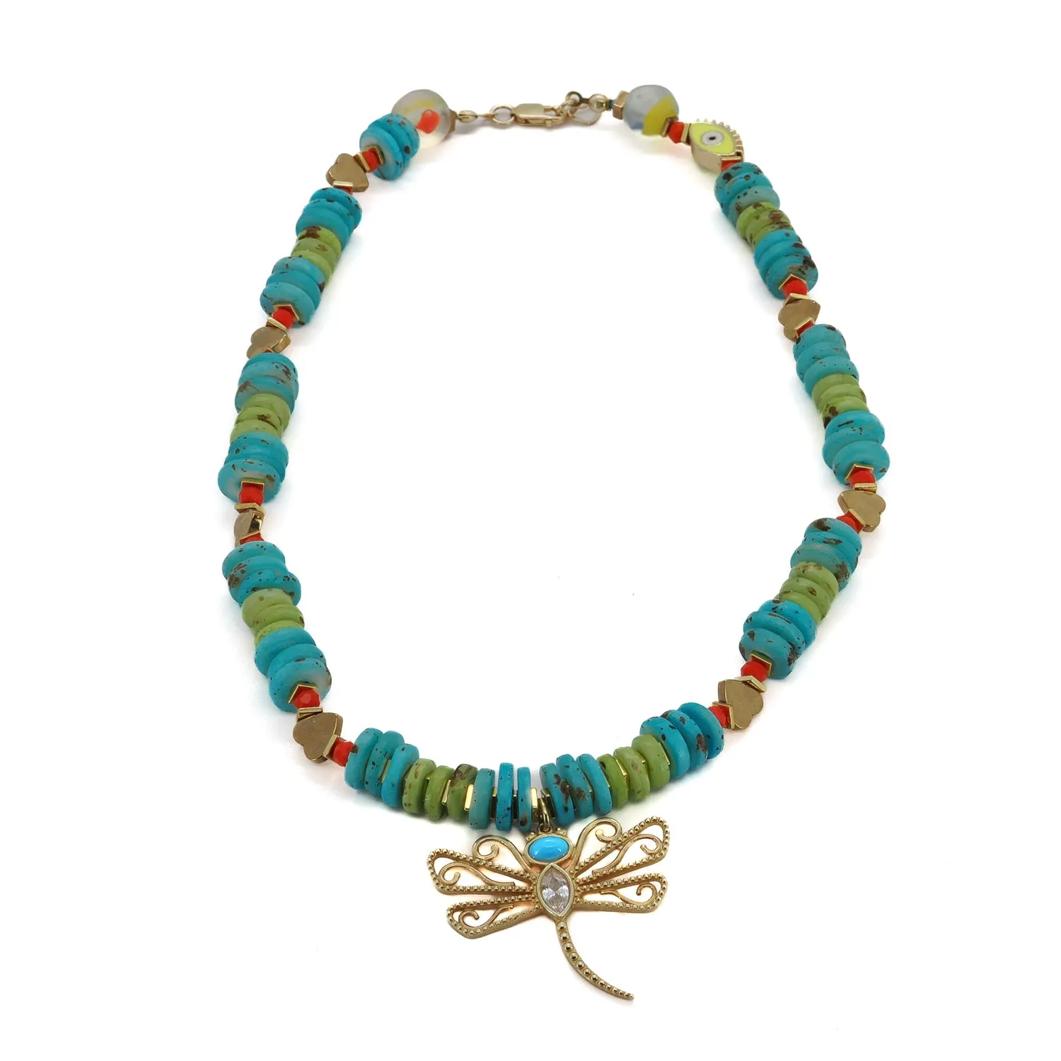 Transformation Dragonfly Gold & Turquoise Pendant Unique Necklace