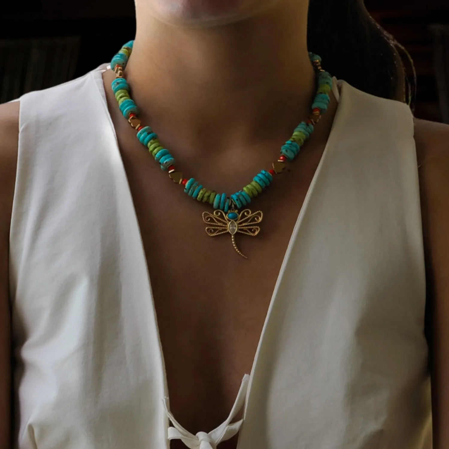 Transformation Dragonfly Gold & Turquoise Pendant Unique Necklace