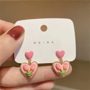 Tulip Heart Flower Earrings