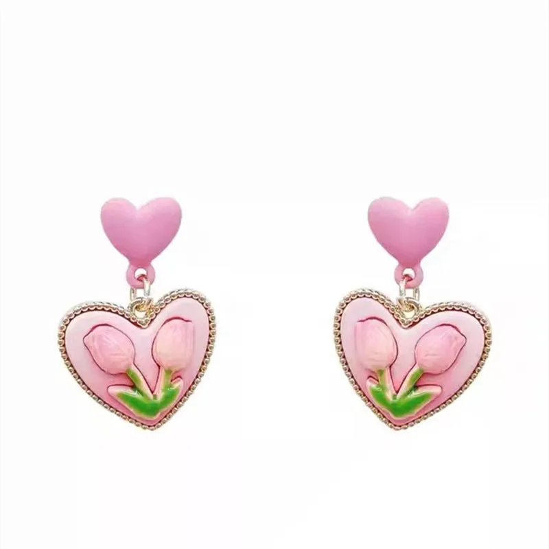 Tulip Heart Flower Earrings