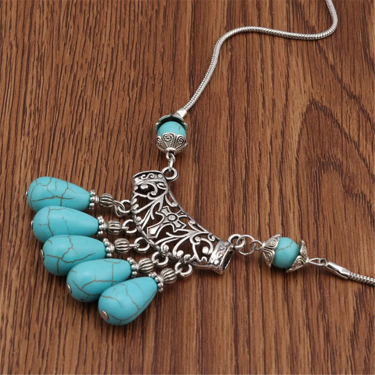 Turquoise & Silver-Plated Filigree Tassel Necklace