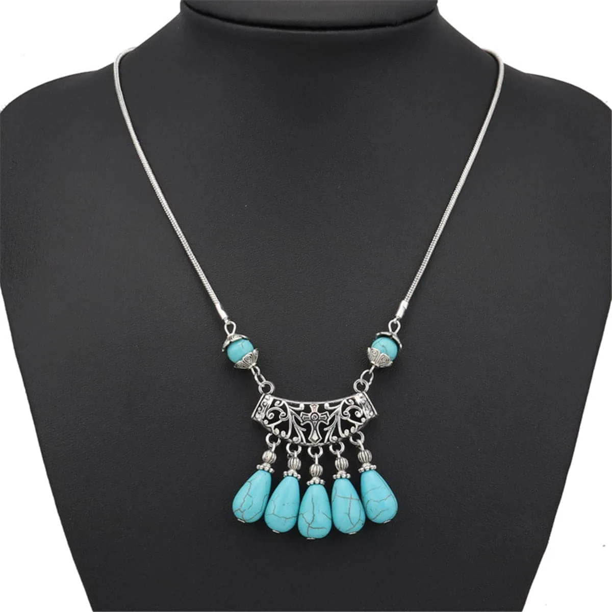 Turquoise & Silver-Plated Filigree Tassel Necklace