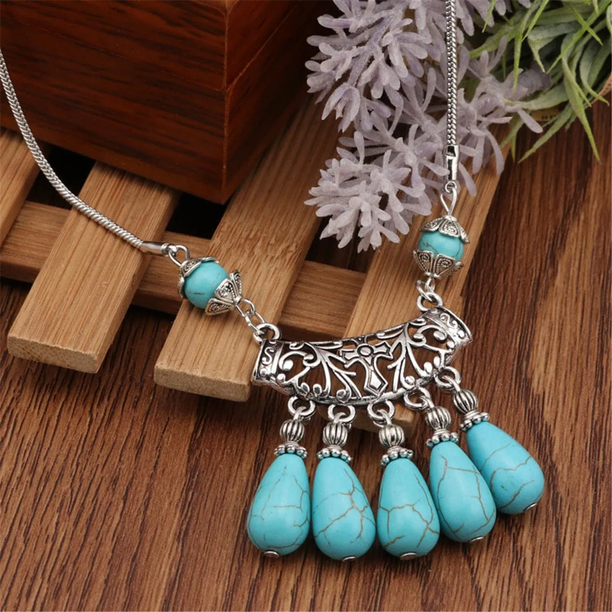 Turquoise & Silver-Plated Filigree Tassel Necklace